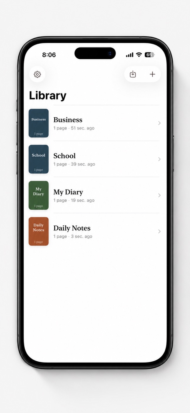 Bibliothek von Serious Notebook auf dem iPhone mit den Notizbüchern Business, Schule, Mein Tagebuch und Tägliche Notizen